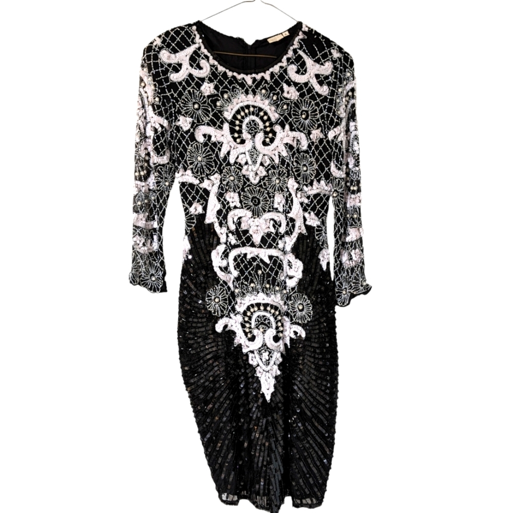 STUNNING Vintage Swee Lo b&w art deco sequined bodycon cocktail dress